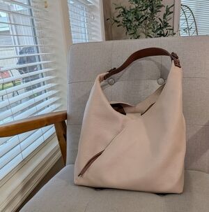 SUNDANCE Cream Pebbled Leather Origami Hobo Bag Purse Asymmetrical tote